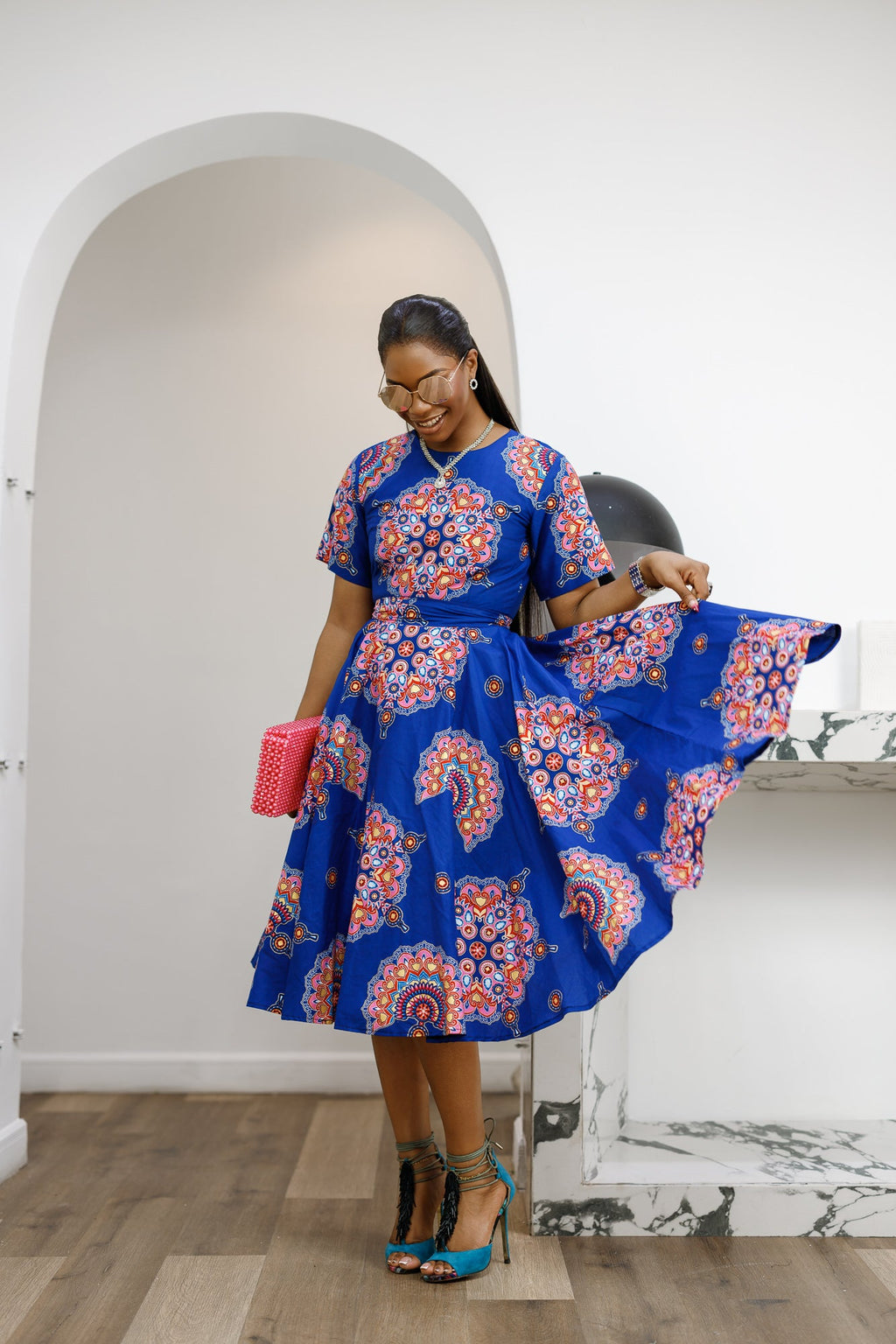 LOLADE AFRICAN PRINT FLORAL DRESS [BLUE]