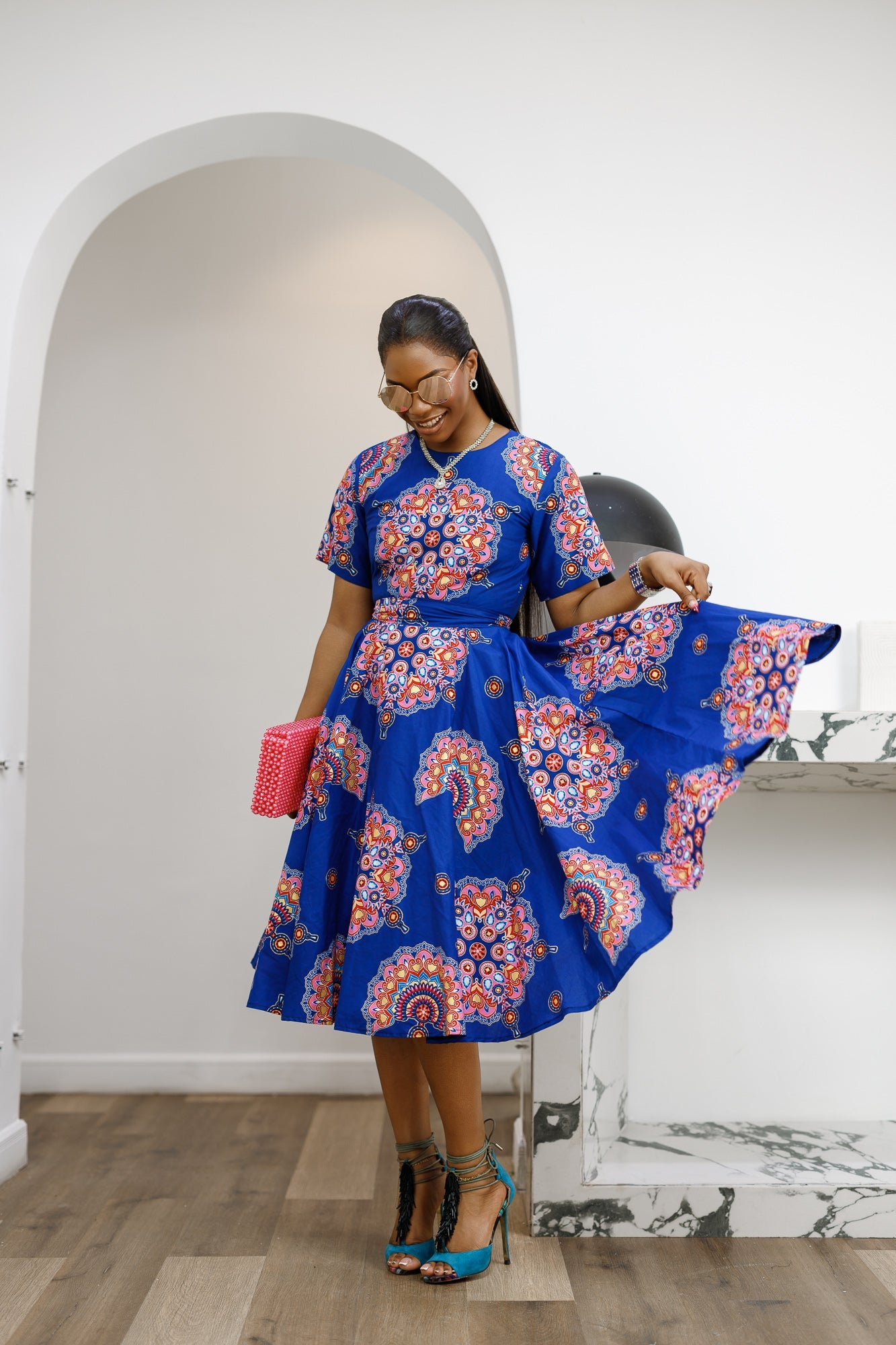LOLADE AFRICAN PRINT FLORAL DRESS [BLUE]