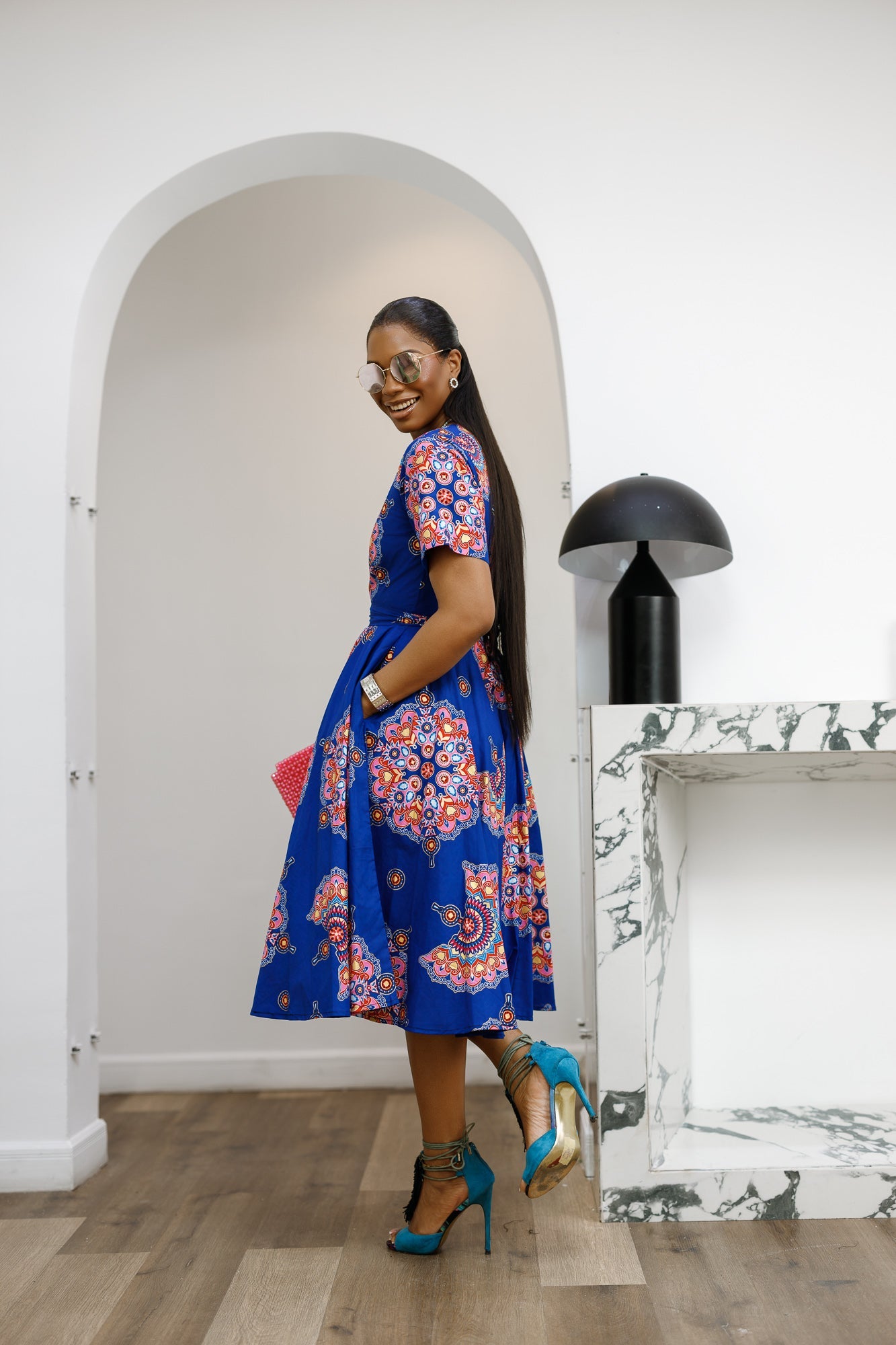 LOLADE AFRICAN PRINT FLORAL DRESS [BLUE]