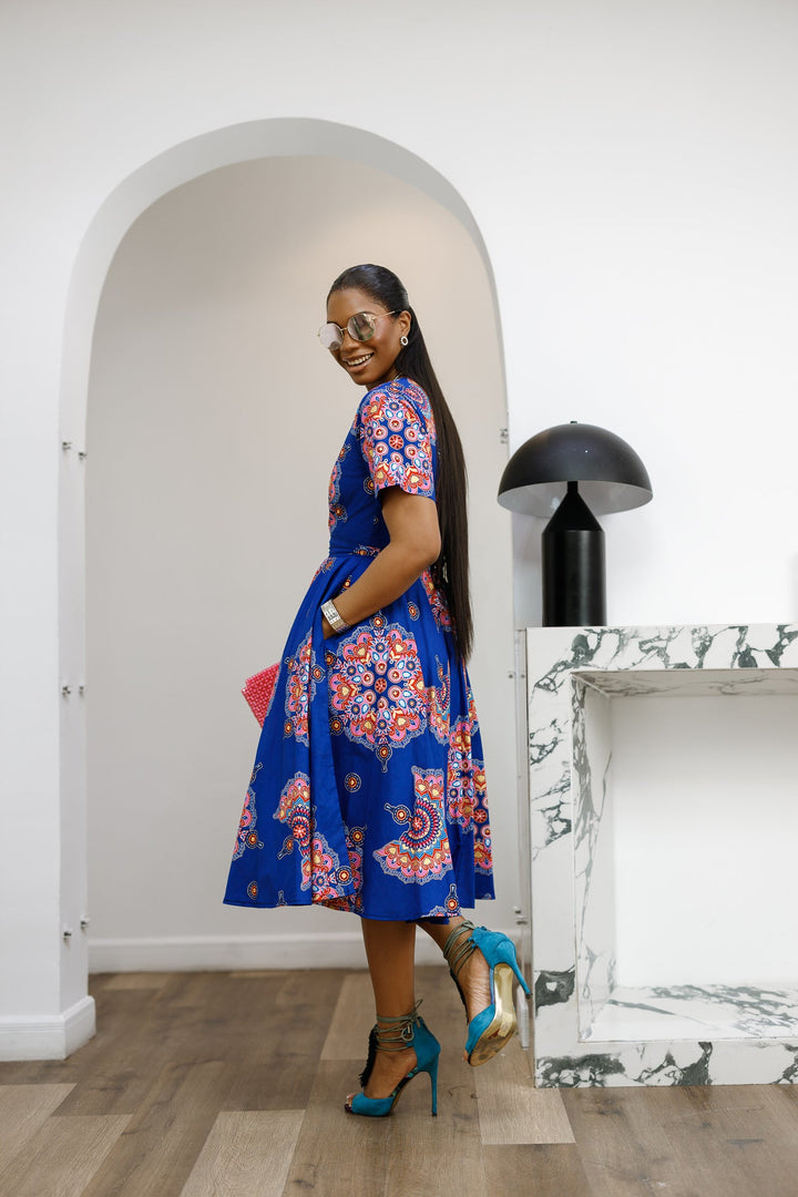 LOLADE AFRICAN PRINT FLORAL DRESS [BLUE]