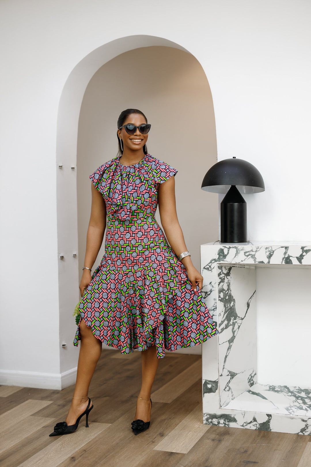 NALA AFRICAN PRINT RUFFLE NECK MIDI DRESS [PINK]