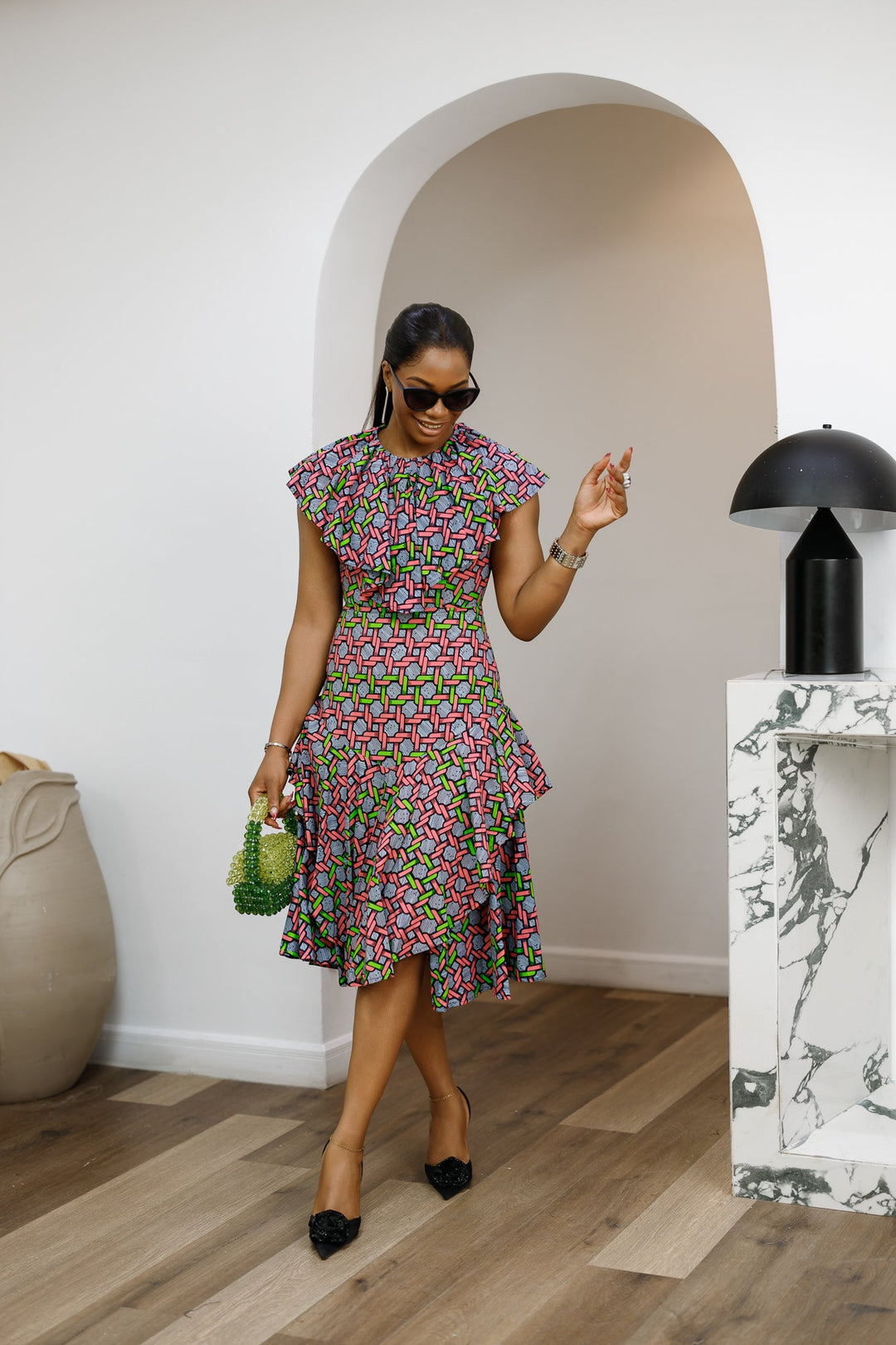 NALA AFRICAN PRINT RUFFLE NECK MIDI DRESS [PINK]