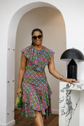 NALA AFRICAN PRINT RUFFLE NECK MIDI DRESS [PINK]