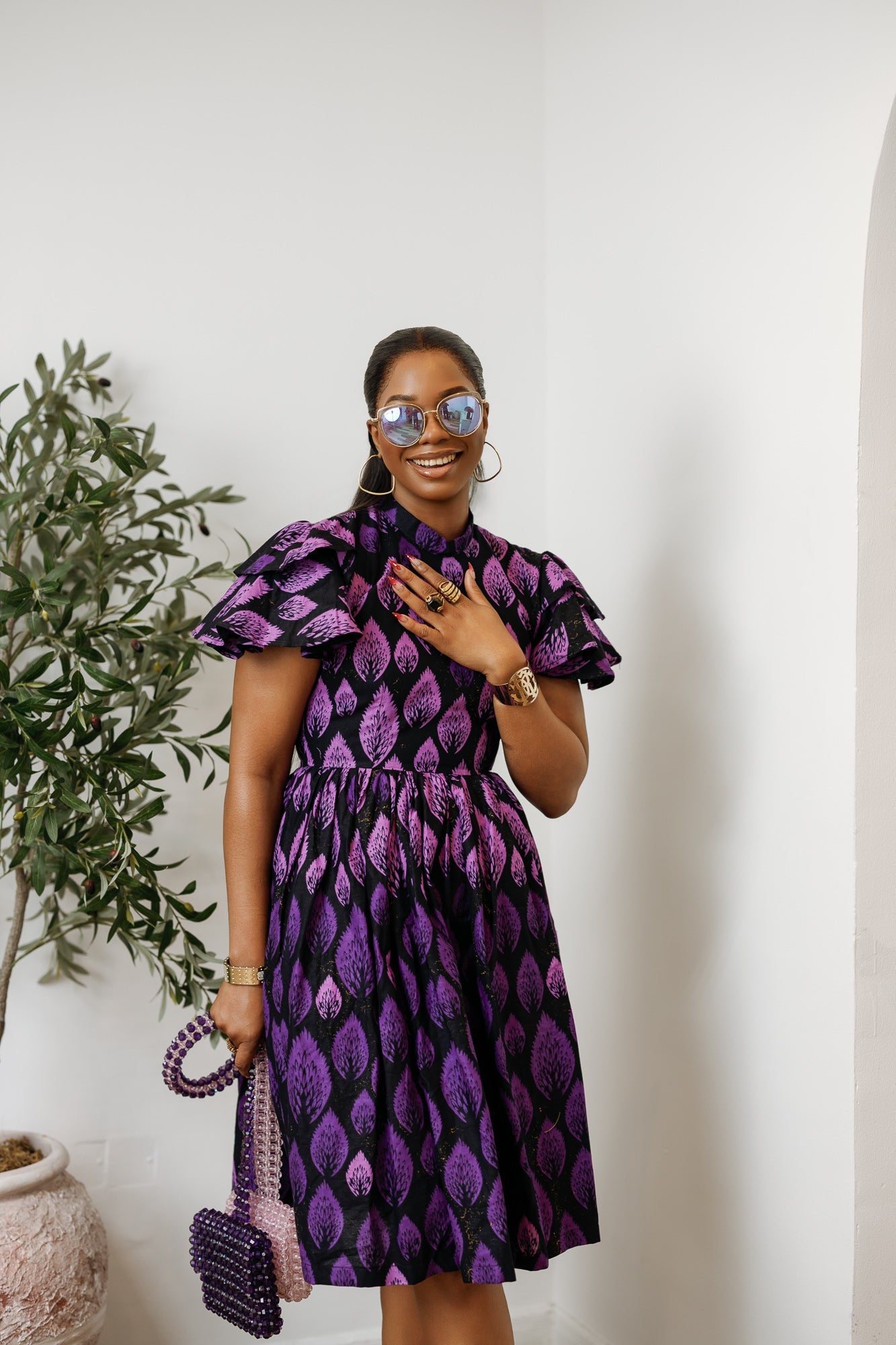 VALERIE AFRICAN PRINT HIGH NECK MIDI DRESS [PURPLE]
