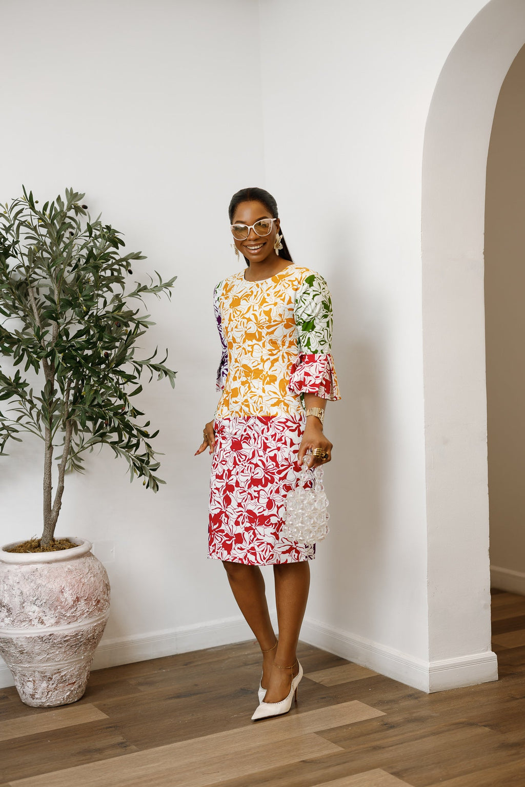 TASSI AFRICAN PRINT BELL SLEEVE MIDI DRESS