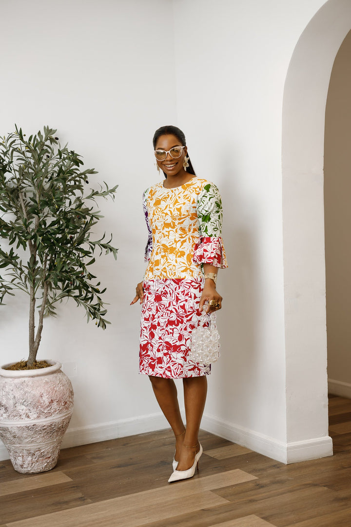 TASSI AFRICAN PRINT BELL SLEEVE MIDI DRESS