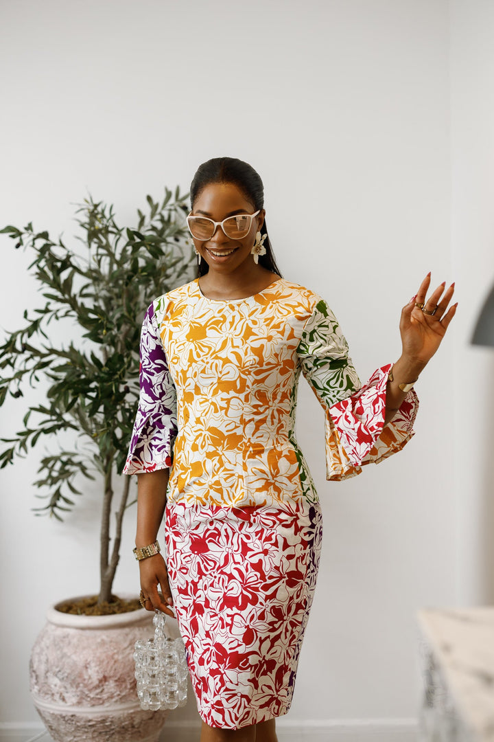 TASSI AFRICAN PRINT BELL SLEEVE MIDI DRESS