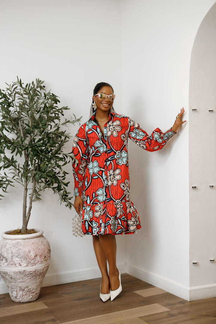 JUMOKE AFRICAN PRINT RUFFLE HEM SHIRT DRESS