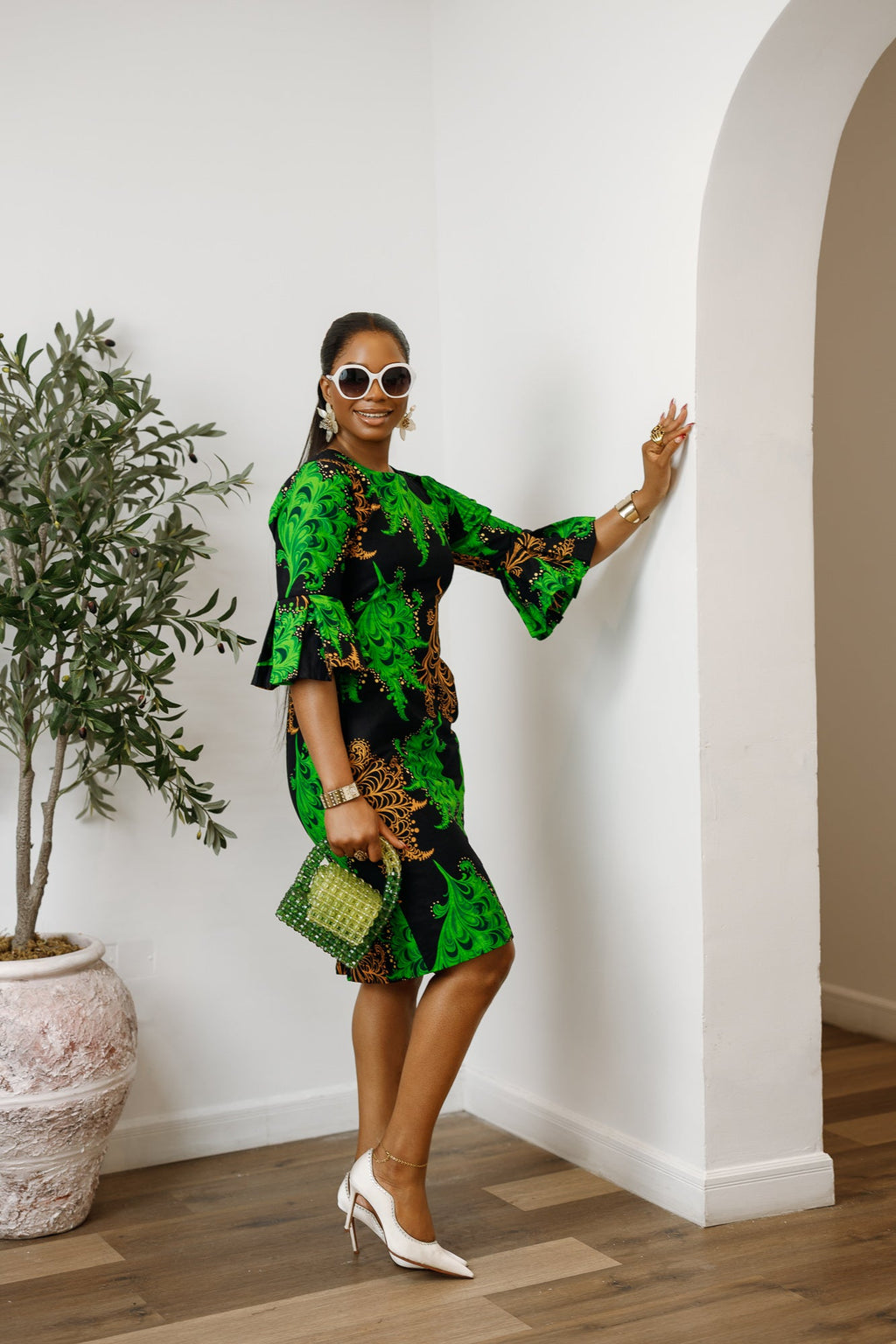 TASSI AFRICAN PRINT BELL SLEEVE MIDI DRESS [GREEN]