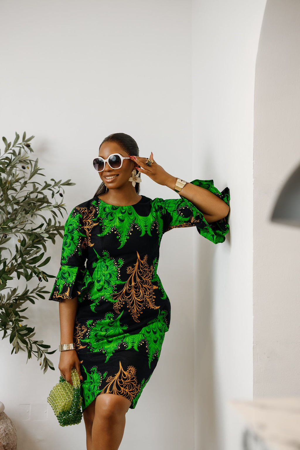 TASSI AFRICAN PRINT BELL SLEEVE MIDI DRESS [GREEN]