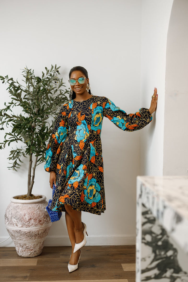 TITI AFRICAN PRINT PUFF SLEEVE DRESS [FLORAL]