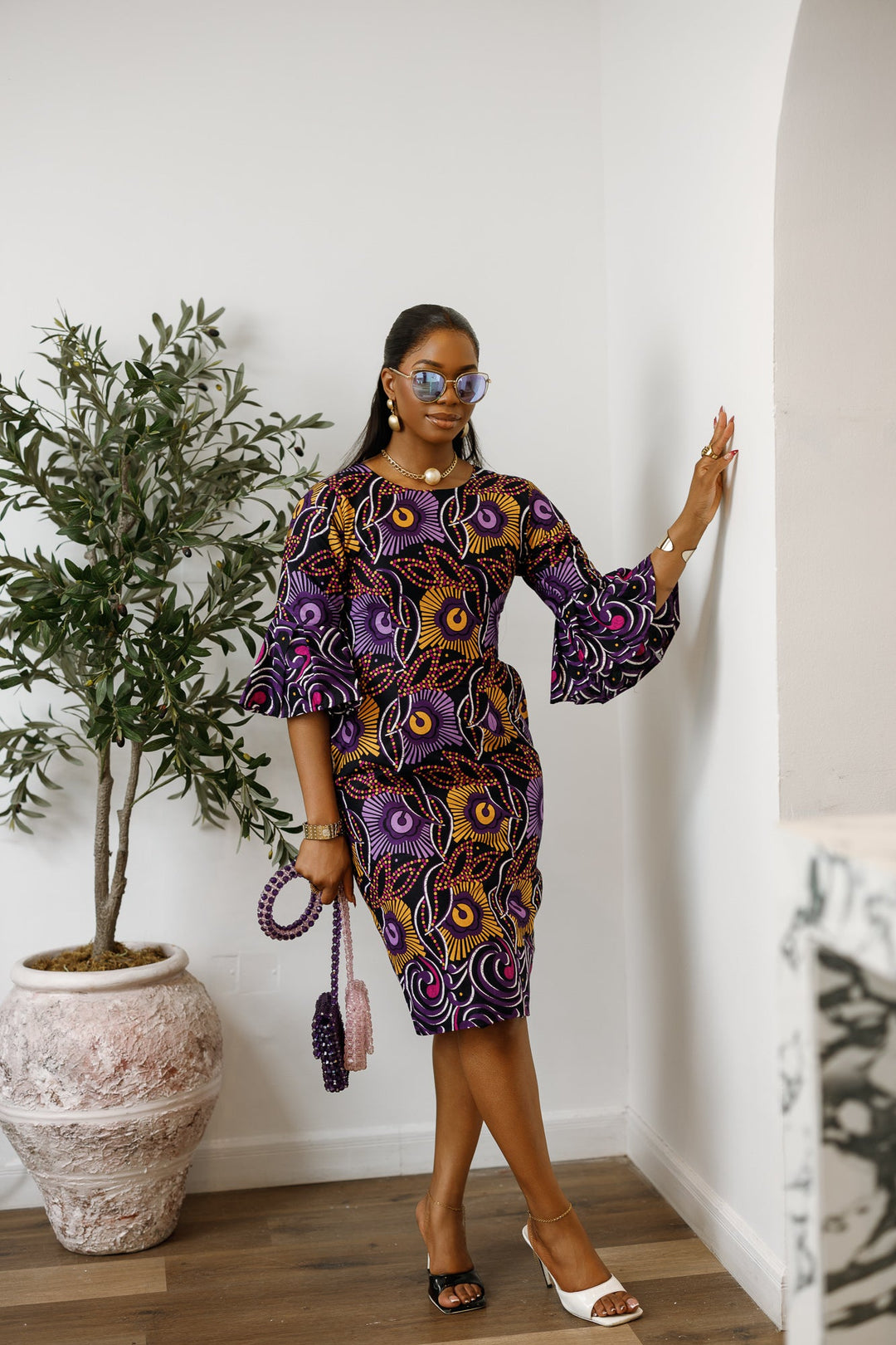 TASSI AFRICAN PRINT BELL SLEEVE MIDI DRESS [PURPLE]