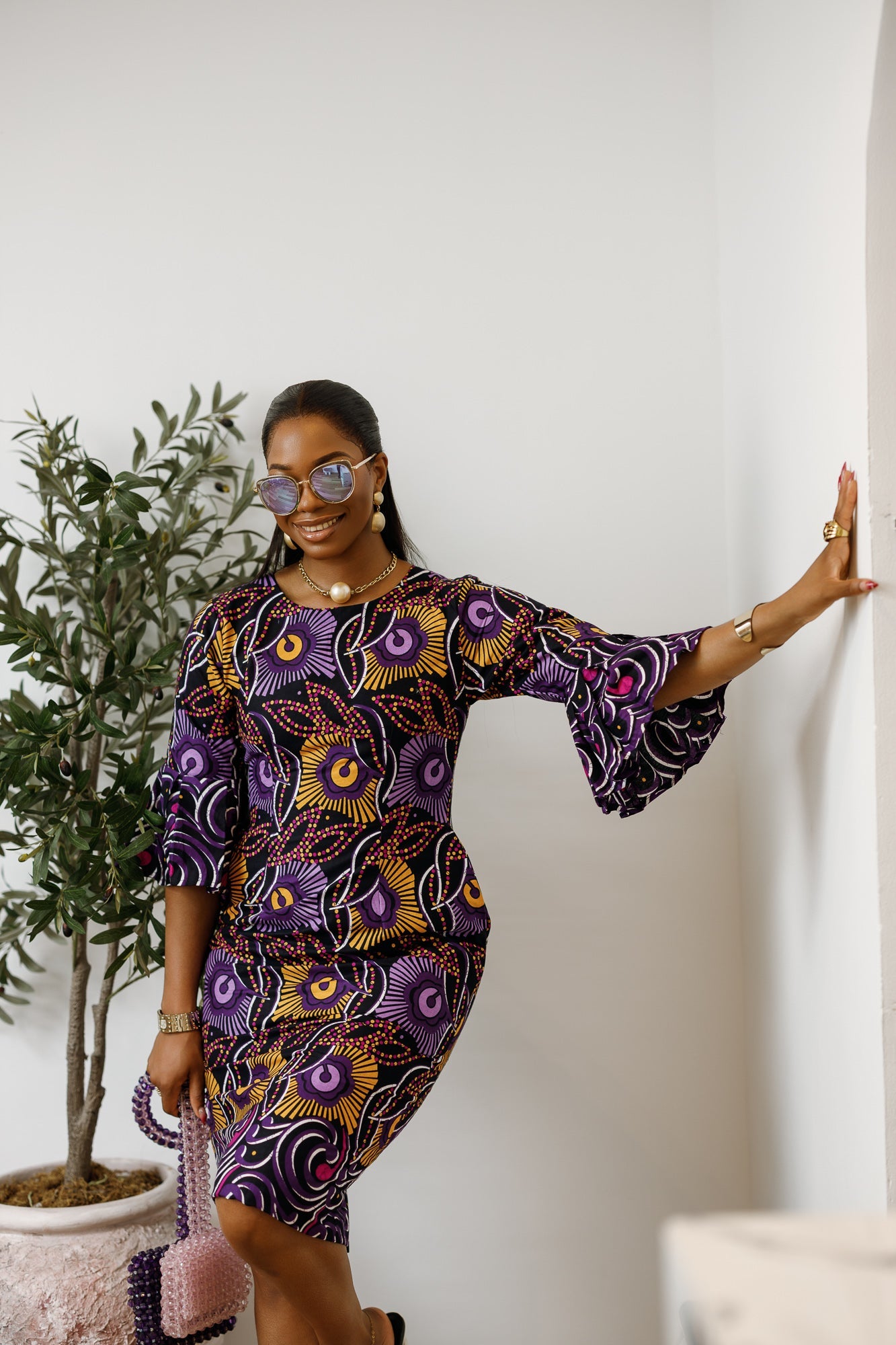 TASSI AFRICAN PRINT BELL SLEEVE MIDI DRESS [PURPLE]