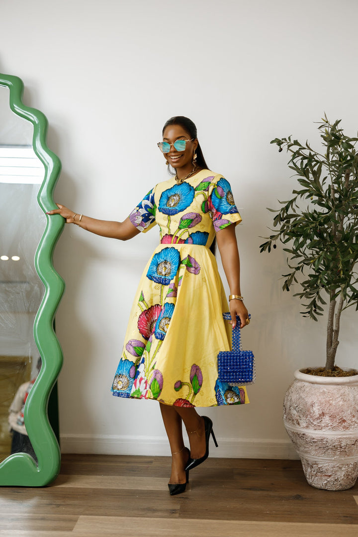 LOLADE AFRICAN PRINT FLORAL DRESS [YELLOW]