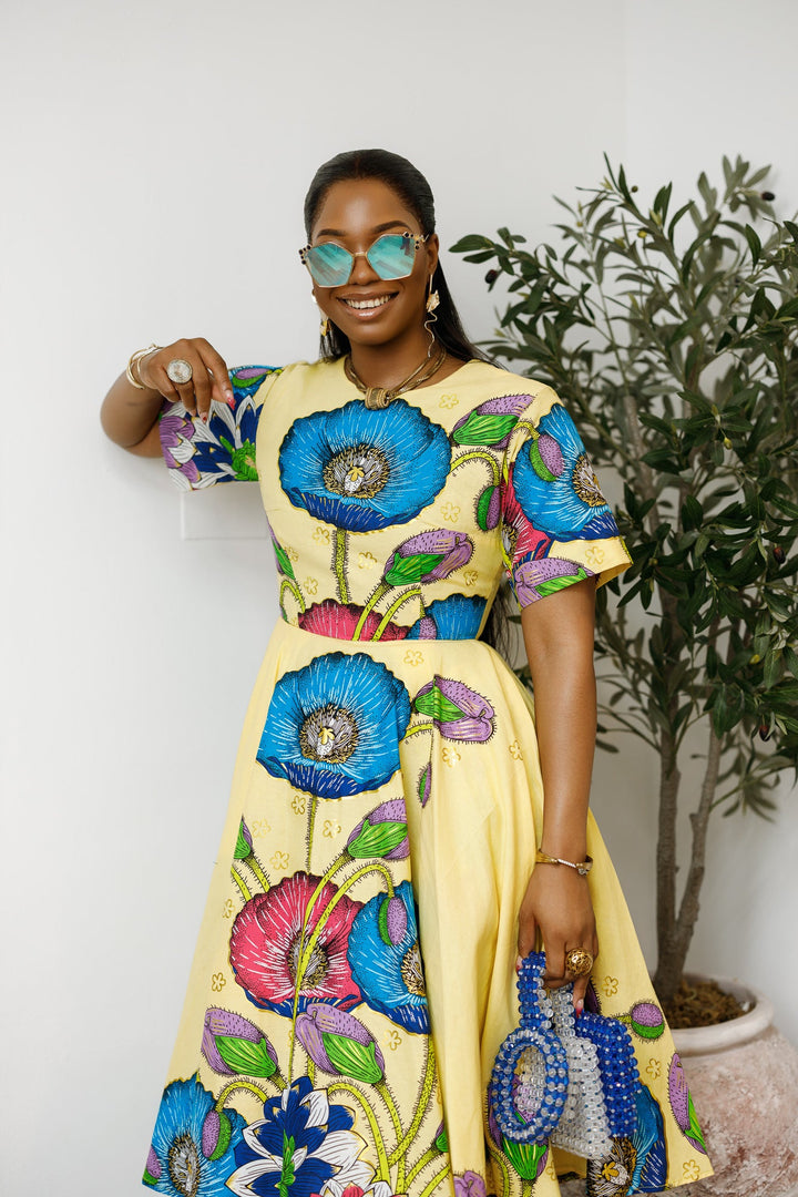 LOLADE AFRICAN PRINT FLORAL DRESS [YELLOW]