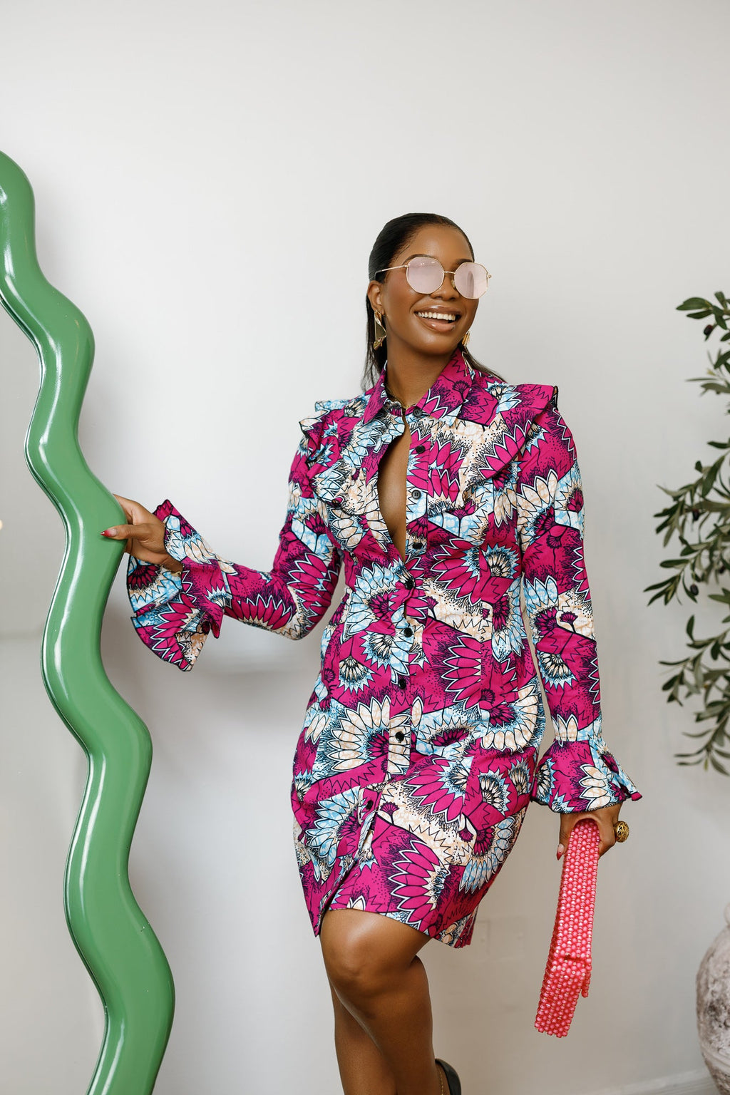 RERE AFRICAN PRINT BUTTON FRONT SHIRT DRESS