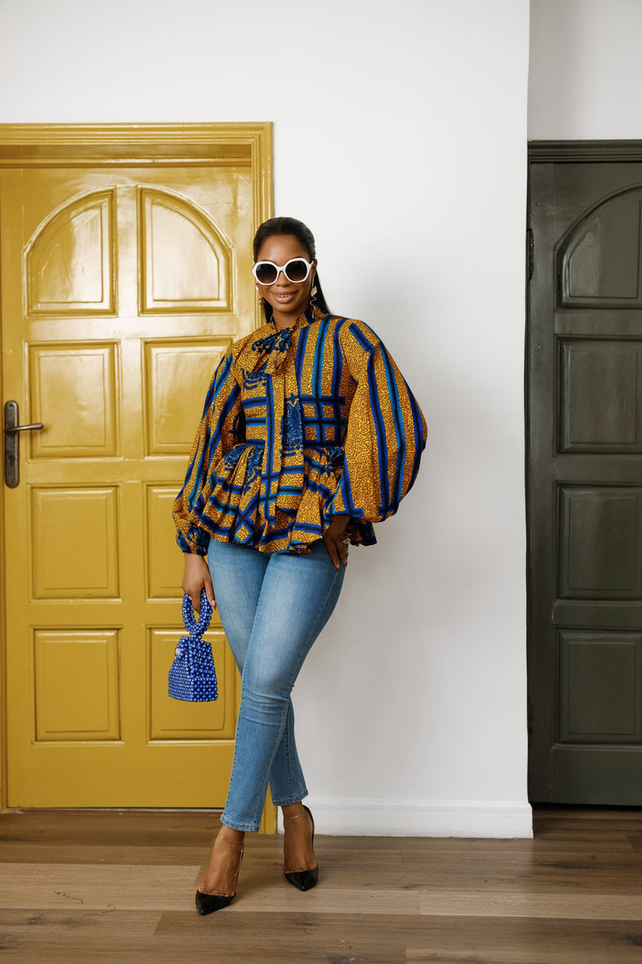 BIBI AFRICAN PRINT TIE NECK PEPLUM TOP [BLUE]