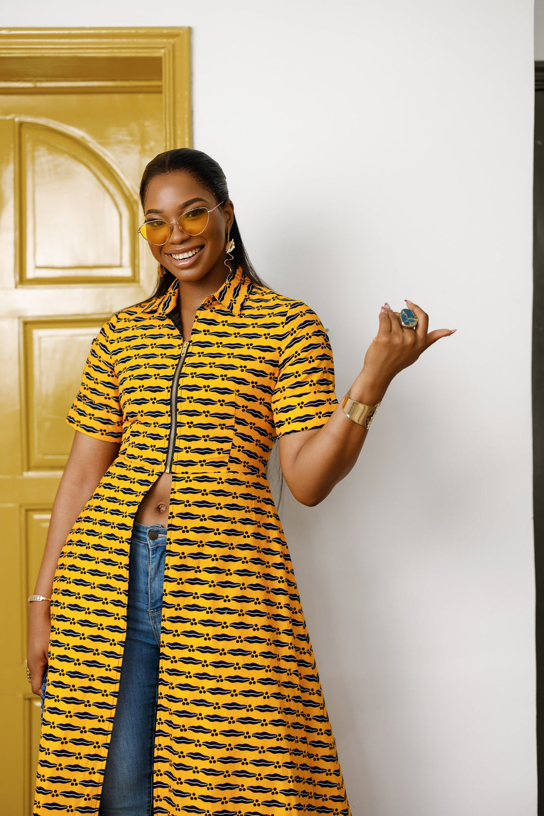 FOLA AFRICAN PRINT COLLARED ZIP FRONT TOP DRESS [YELLOW]