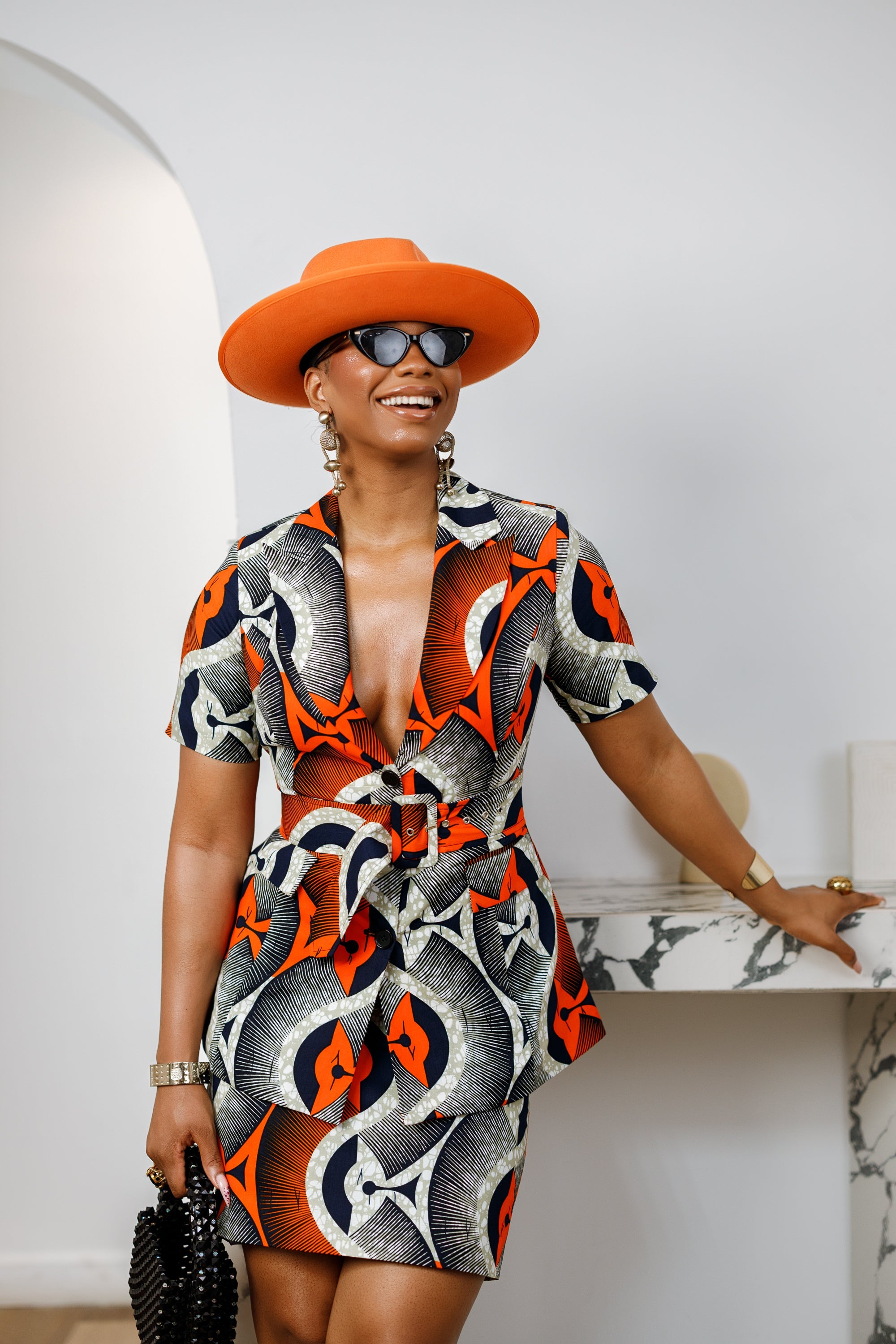 NIFEMI AFRICAN PRINT SHORT SLEEVE SKIRT SUIT SET [ORANGE]