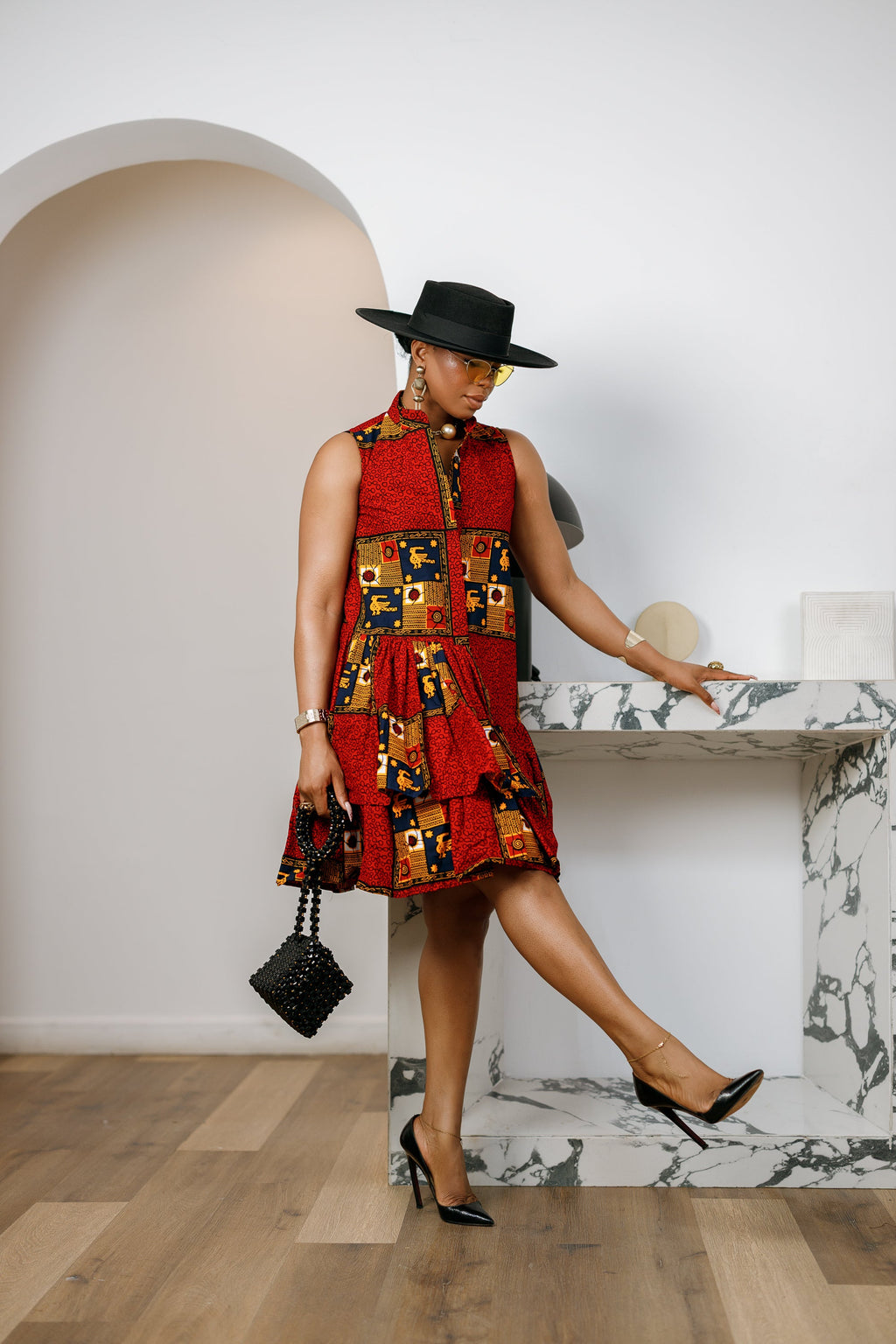 LAILA AFRICAN PRINT SLEEVELESS TIERED BUTTON DRESS [RED]