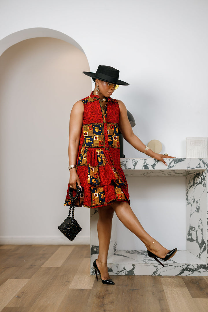 LAILA AFRICAN PRINT SLEEVELESS TIERED BUTTON DRESS [RED]
