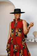 LAILA AFRICAN PRINT SLEEVELESS TIERED BUTTON DRESS [RED]