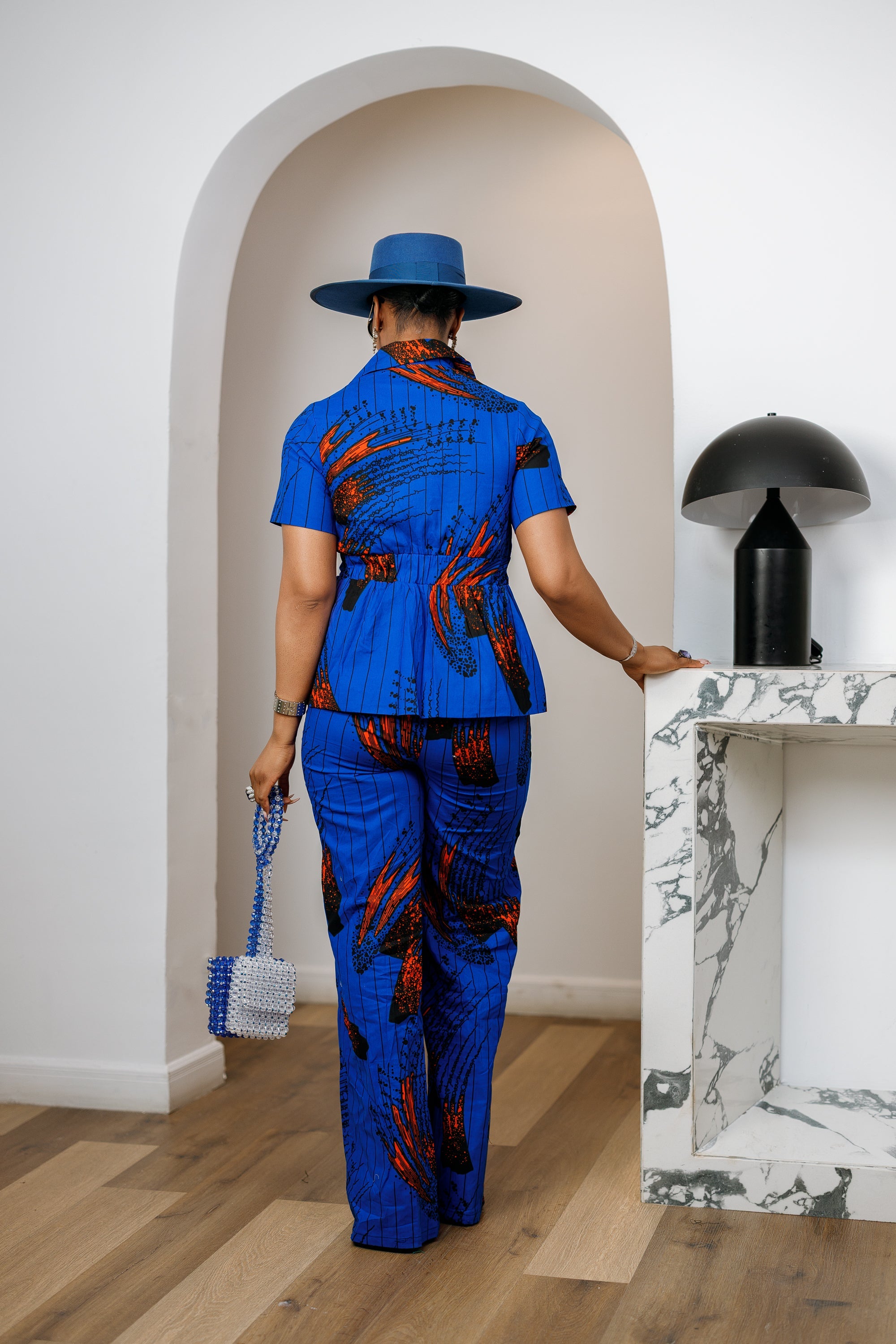 KIKI AFRICAN PRINT SHORT SLEEVE BLAZER PANT SET [BLUE]