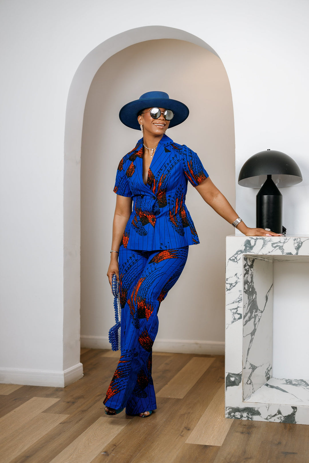 KIKI AFRICAN PRINT SHORT SLEEVE BLAZER PANT SET [BLUE]
