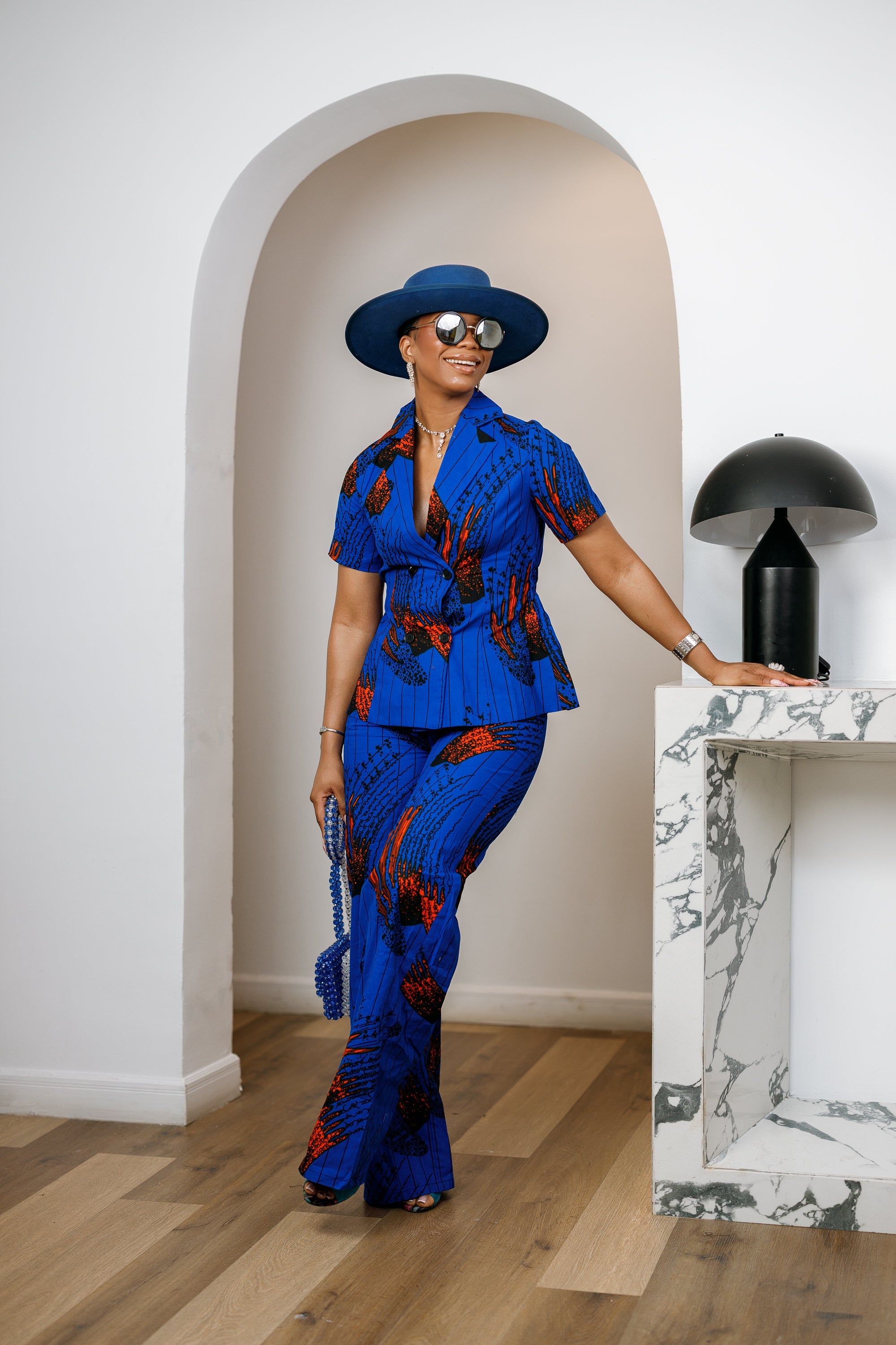 KIKI AFRICAN PRINT SHORT SLEEVE BLAZER PANT SET [BLUE]