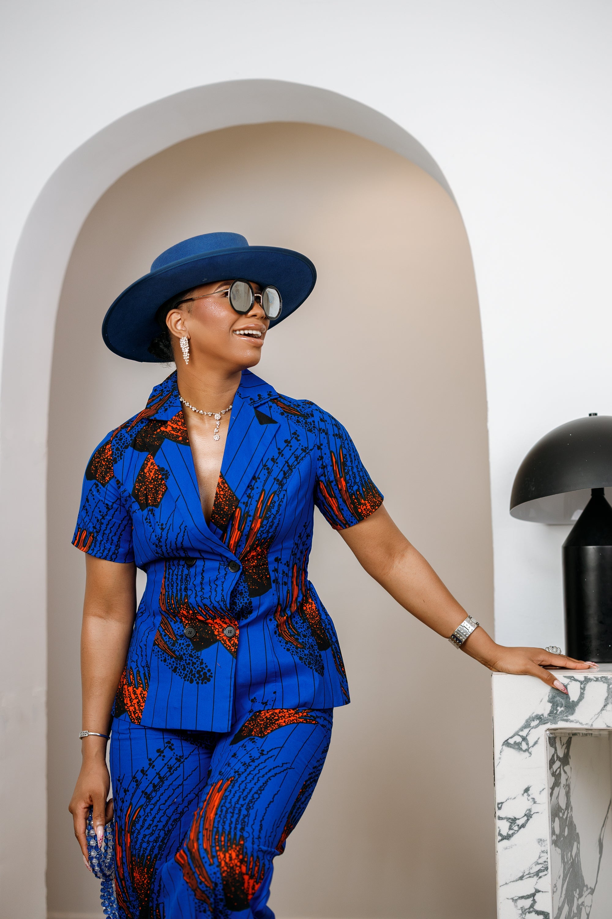 KIKI AFRICAN PRINT SHORT SLEEVE BLAZER PANT SET [BLUE]