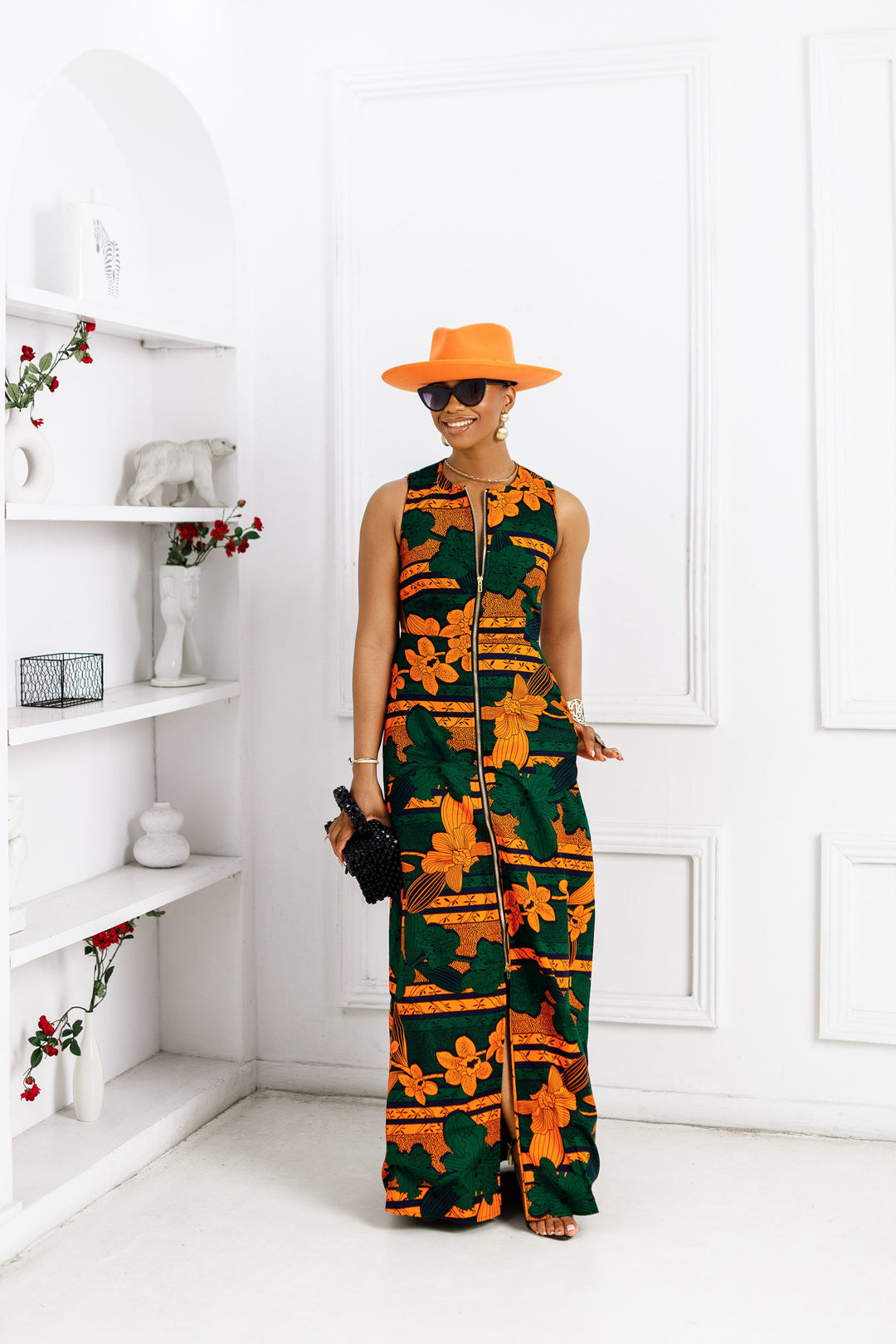 HALIMA AFRICAN PRINT MAXI FRONT ZIP DRESS [ORANGE]