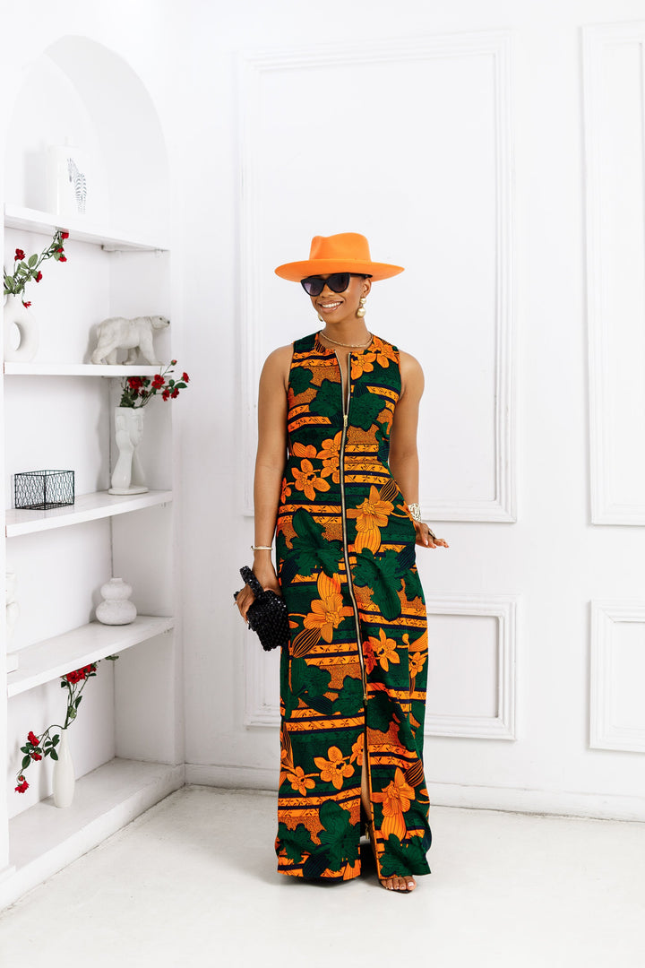 HALIMA AFRICAN PRINT MAXI FRONT ZIP DRESS [ORANGE]