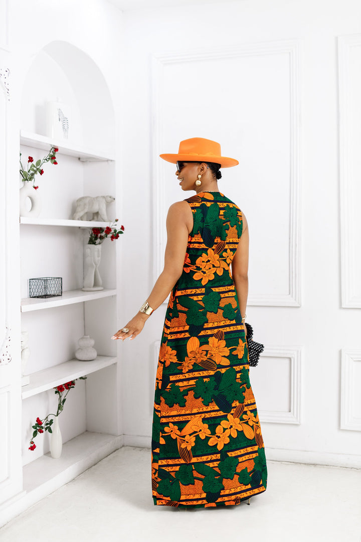 HALIMA AFRICAN PRINT MAXI FRONT ZIP DRESS [ORANGE]
