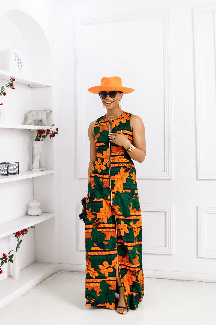 HALIMA AFRICAN PRINT MAXI FRONT ZIP DRESS [ORANGE]