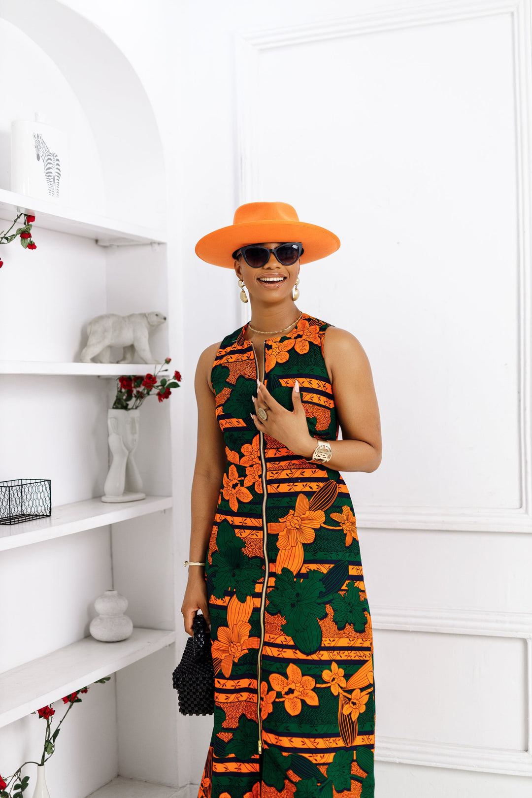 HALIMA AFRICAN PRINT MAXI FRONT ZIP DRESS [ORANGE]