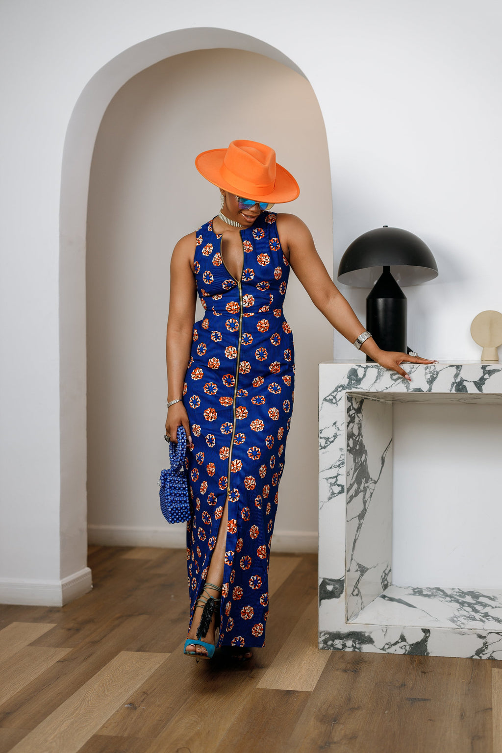 HALIMA AFRICAN PRINT MAXI FRONT ZIP DRESS [BLUE]