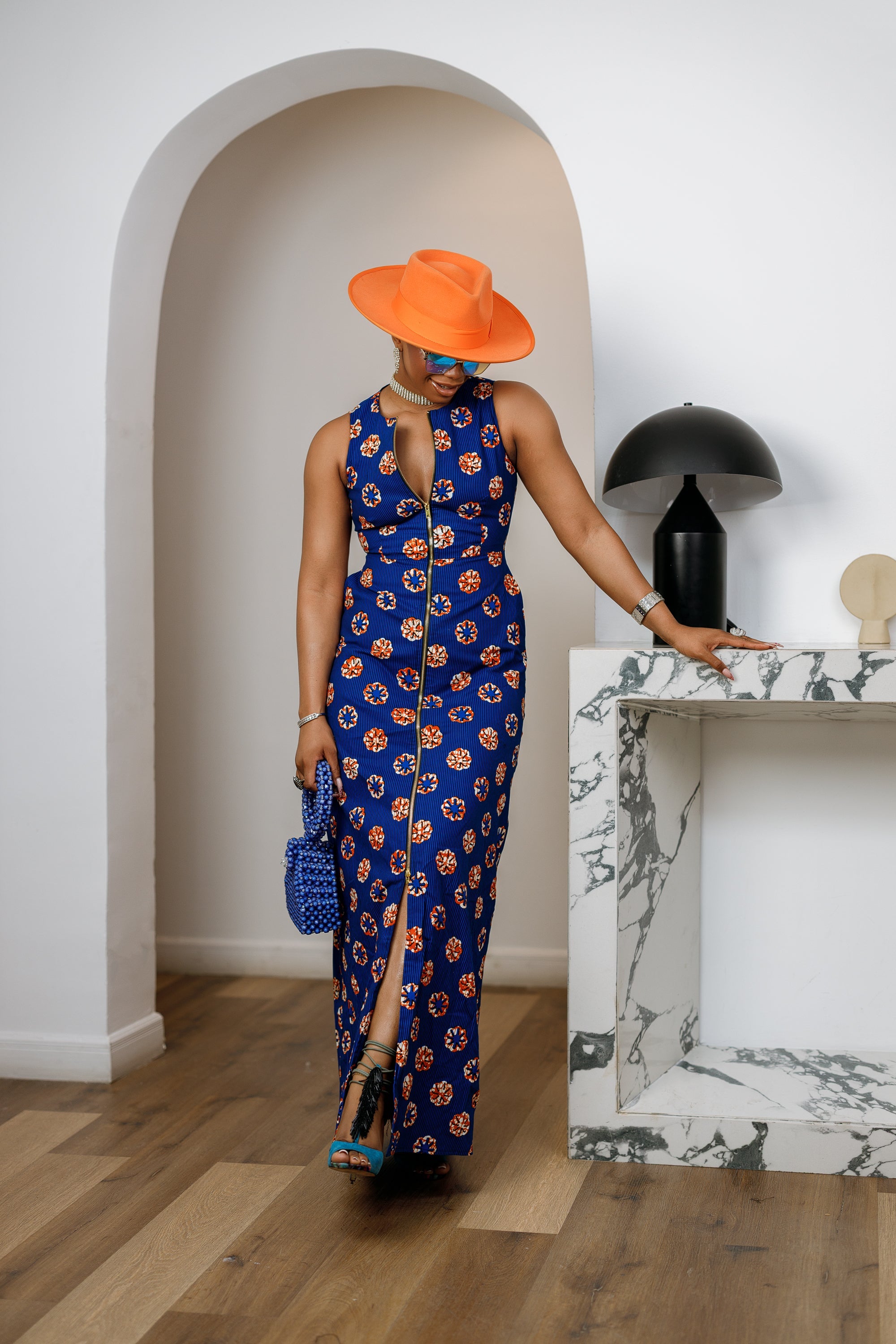 HALIMA AFRICAN PRINT MAXI FRONT ZIP DRESS [BLUE]