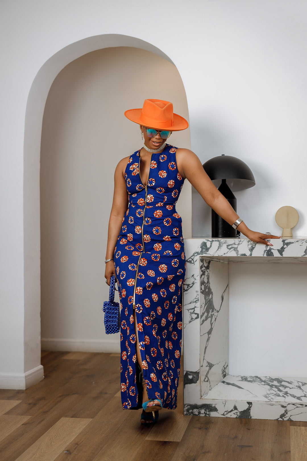 HALIMA AFRICAN PRINT MAXI FRONT ZIP DRESS [BLUE]