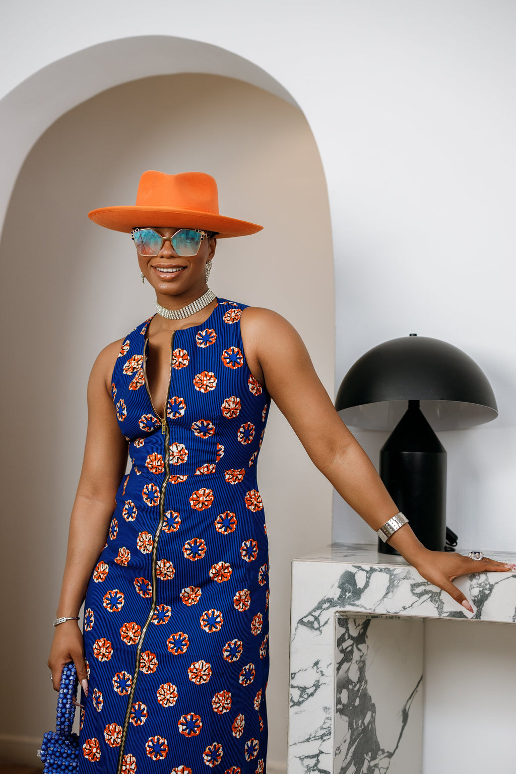 HALIMA AFRICAN PRINT MAXI FRONT ZIP DRESS [BLUE]