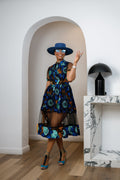 VALENTINA AFRICAN PRINT BUTTON MESH DRESS [BLUE]