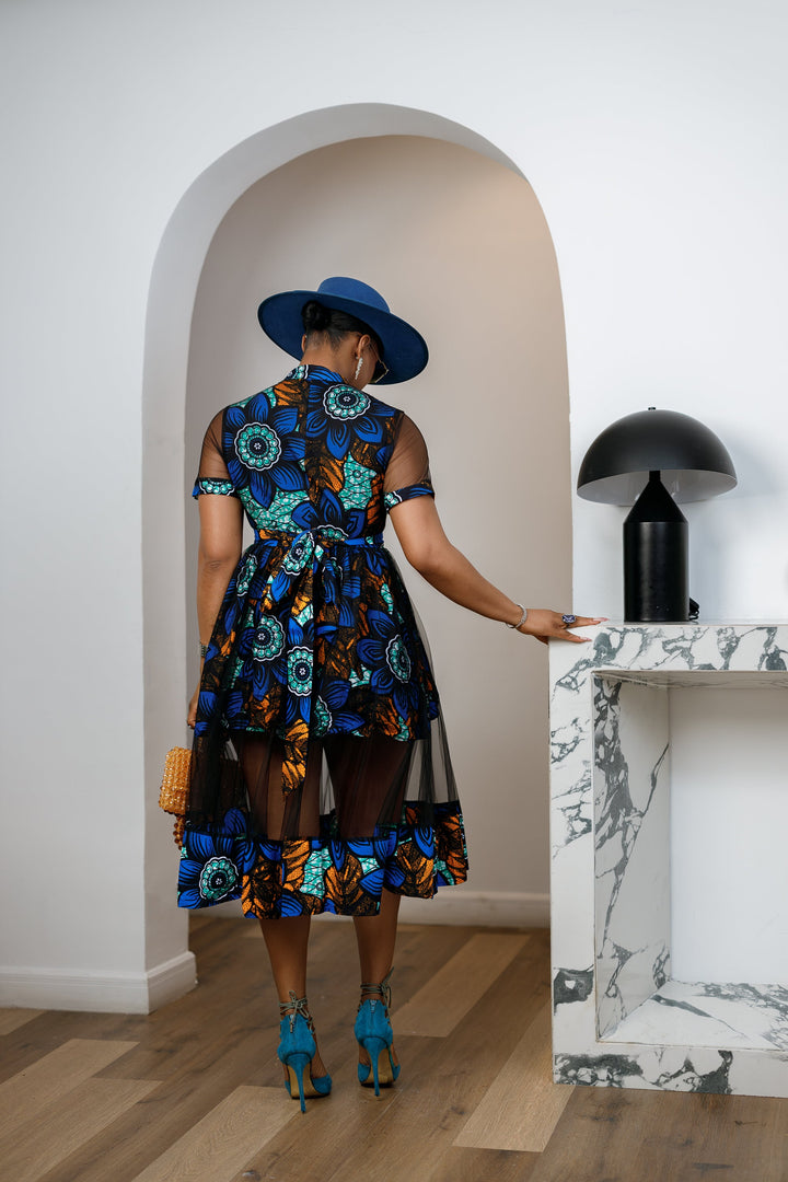 VALENTINA AFRICAN PRINT BUTTON MESH DRESS [BLUE]
