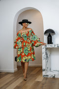 BISI AFRICAN PRINT SMOCKED OFF SHOULDER MIDI DRESS [ORANGE]