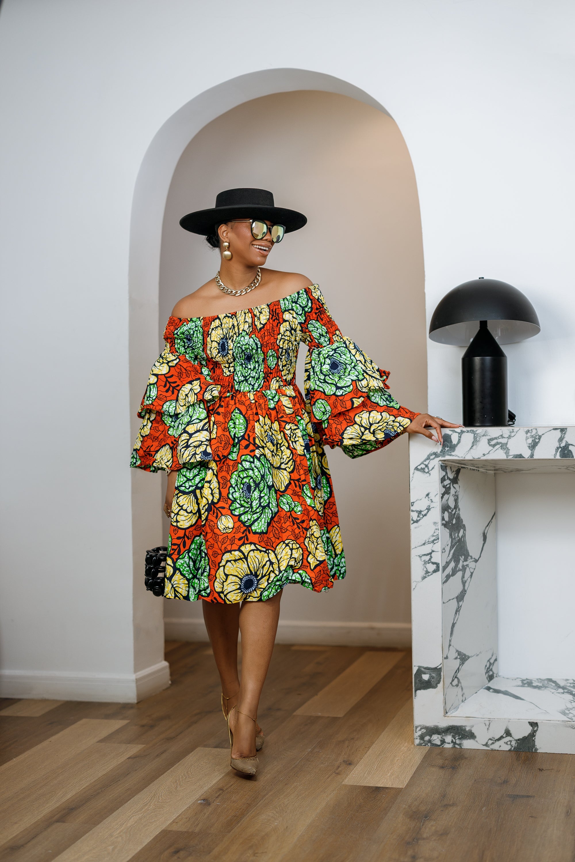 BISI AFRICAN PRINT SMOCKED OFF SHOULDER MIDI DRESS [ORANGE]