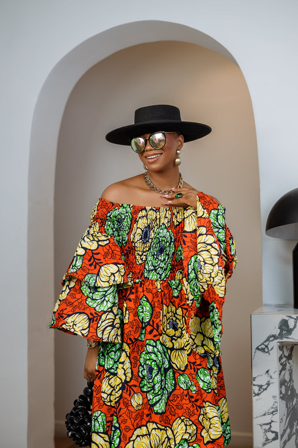 BISI AFRICAN PRINT SMOCKED OFF SHOULDER MIDI DRESS [ORANGE]