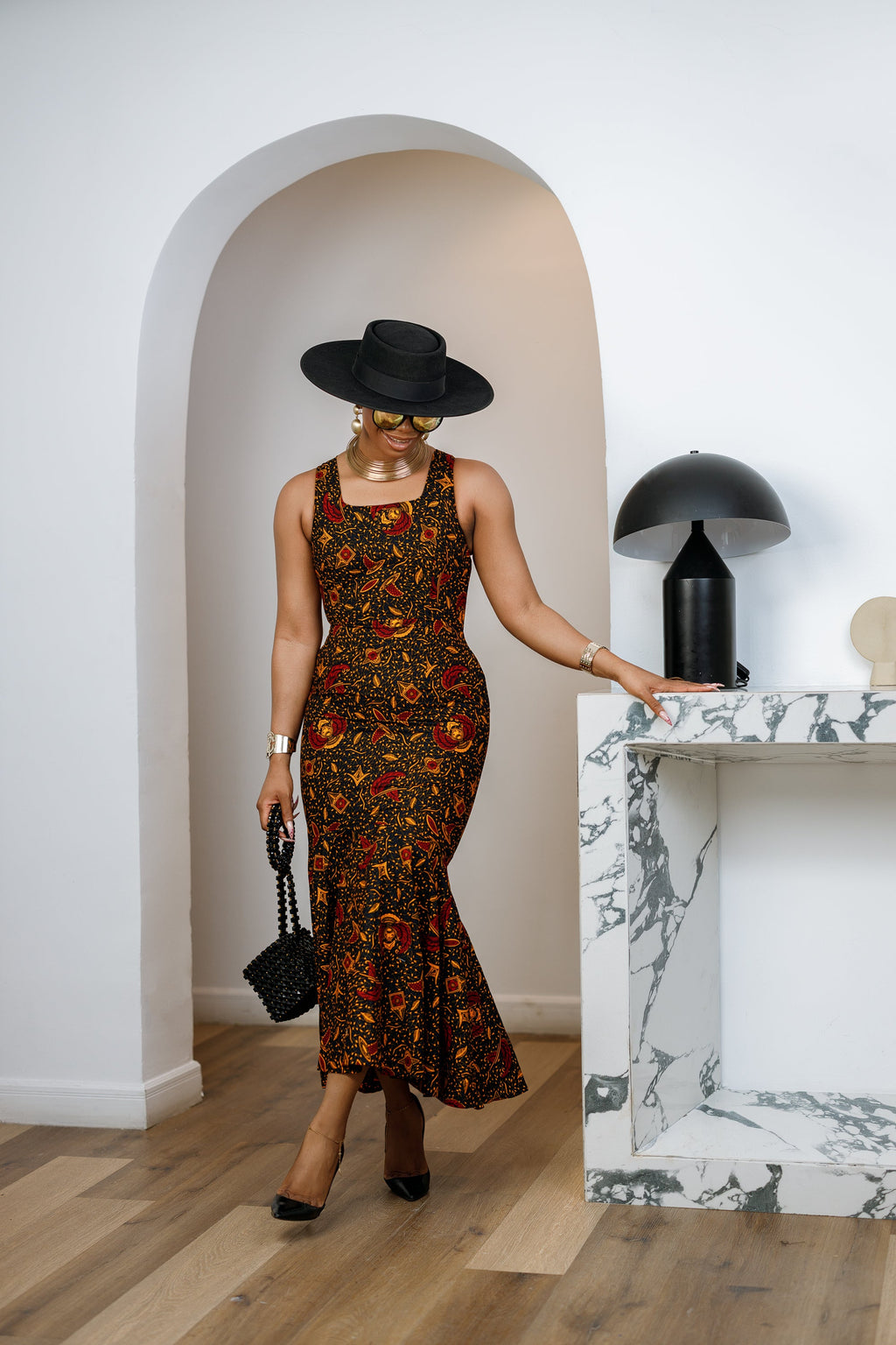 EYI AFRICAN PRINT SLEEVELESS SCOOP NECK MIDI DRESS