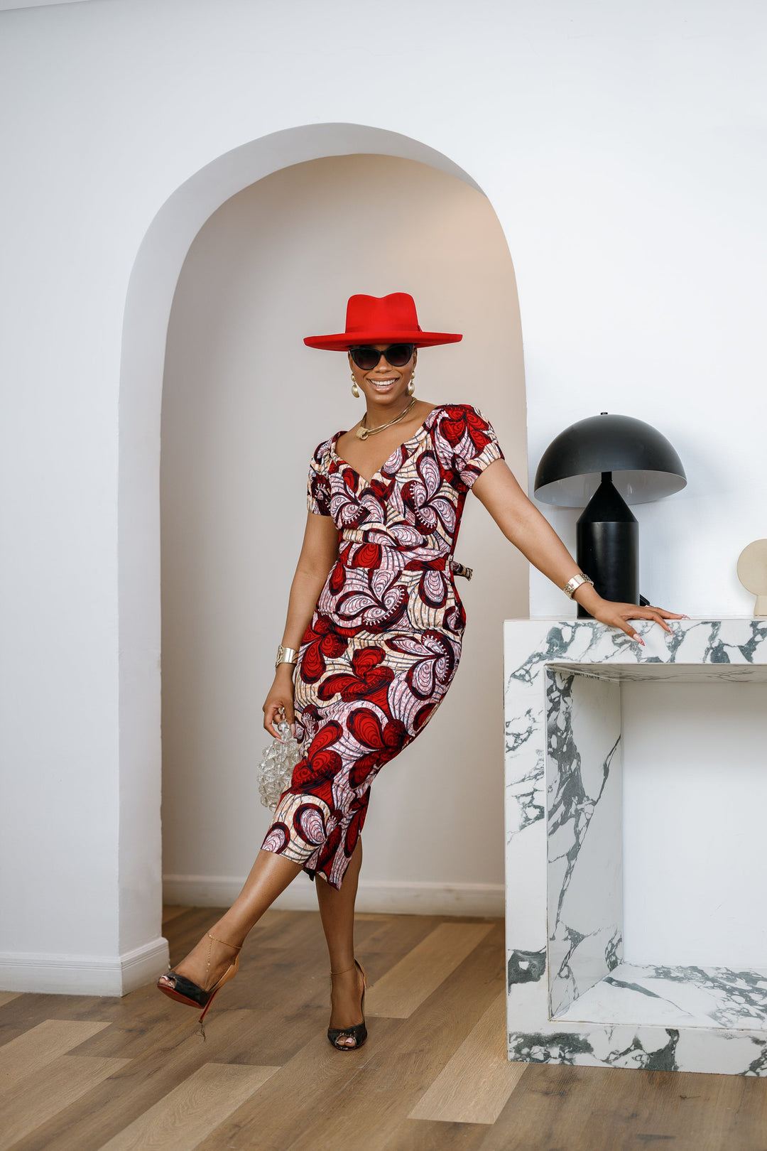 IDIA AFRICAN PRINT V-NECK PUFF SLEEVE MIDI DRESS [RED]