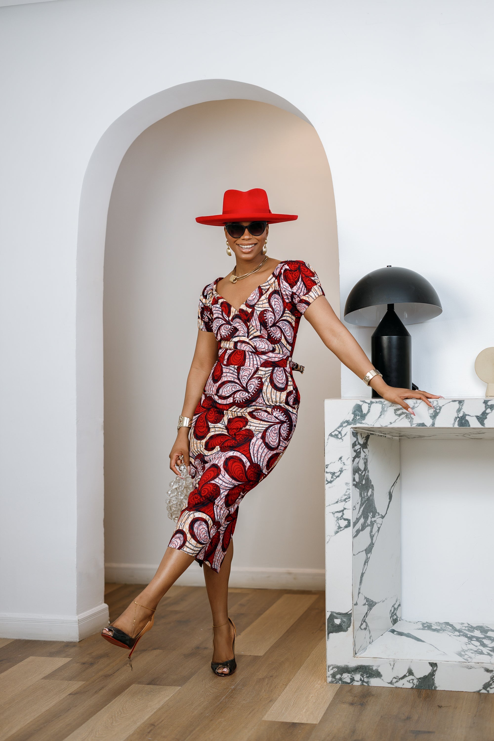 IDIA AFRICAN PRINT V-NECK PUFF SLEEVE MIDI DRESS [RED]