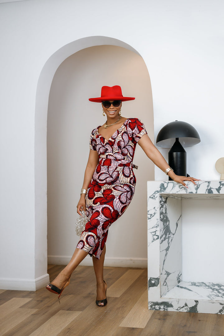 IDIA AFRICAN PRINT V-NECK PUFF SLEEVE MIDI DRESS [RED]