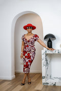 IDIA AFRICAN PRINT V-NECK PUFF SLEEVE MIDI DRESS [RED]