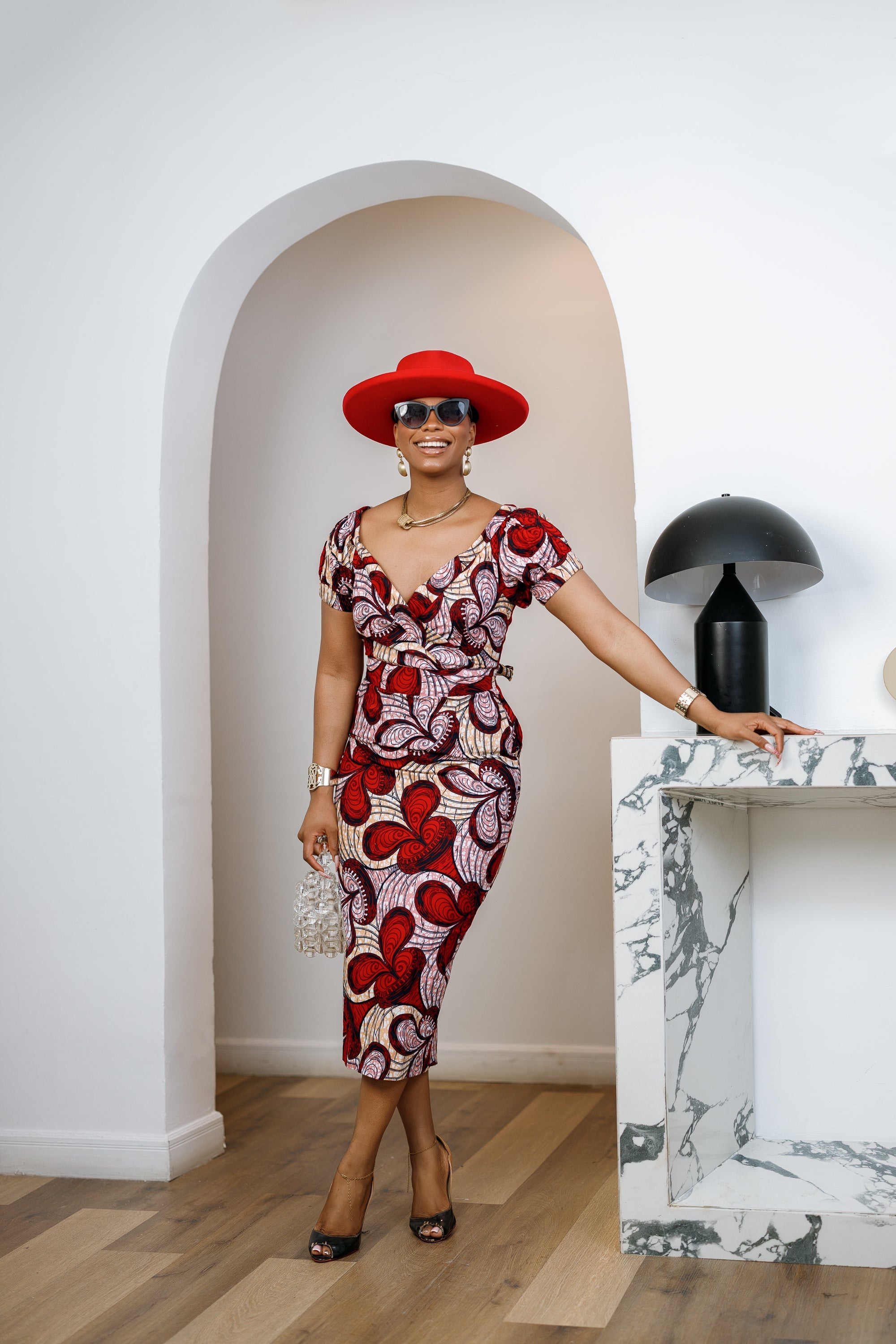 IDIA AFRICAN PRINT V-NECK PUFF SLEEVE MIDI DRESS [RED]